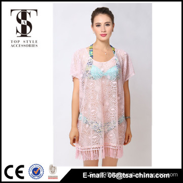 Top selling products 2016 Summer Ladies Tassels lace pink color Cardigan blouse